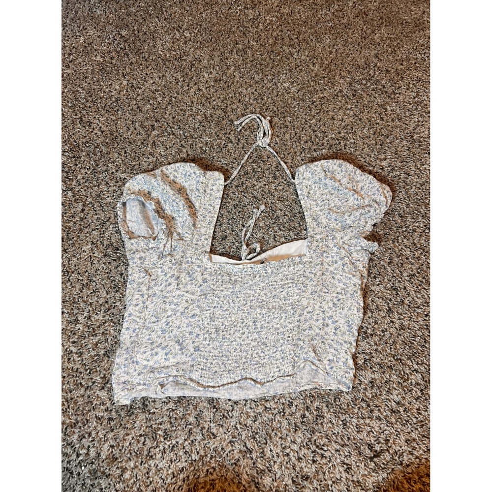 American Eagle Floral Crop Top Smocked Tie Front Puff Sleeve L - Picture 5 of 5